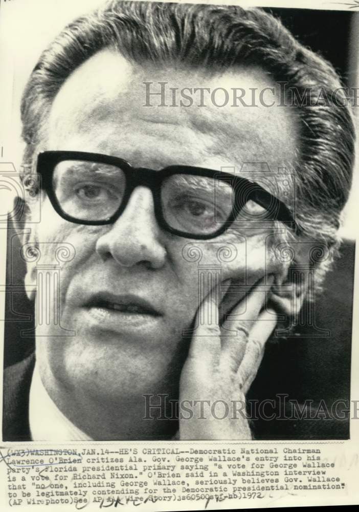 1972 Press Photo DNC chairman O'Brien criticizes Wallace in Washington interview