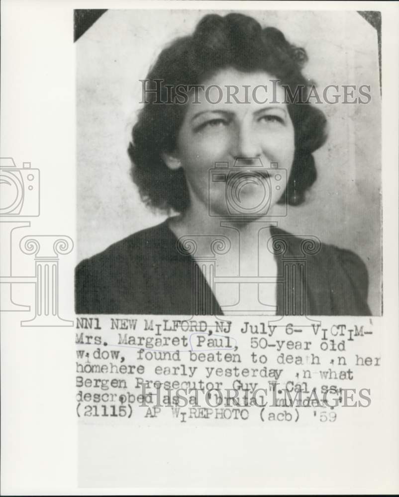 1959 Press Photo Margaret Paul of New Milford, New Jersey found beaten to death.