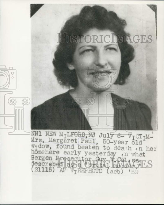 1959 Press Photo Margaret Paul of New Milford, New Jersey found beaten to death.