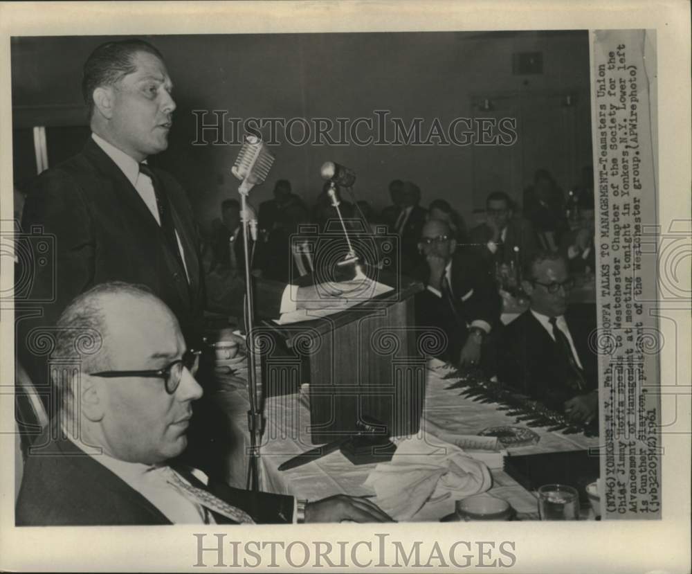 1961 Press Photo James Hoffa and Gunther Slayton appear at Westchester meeting