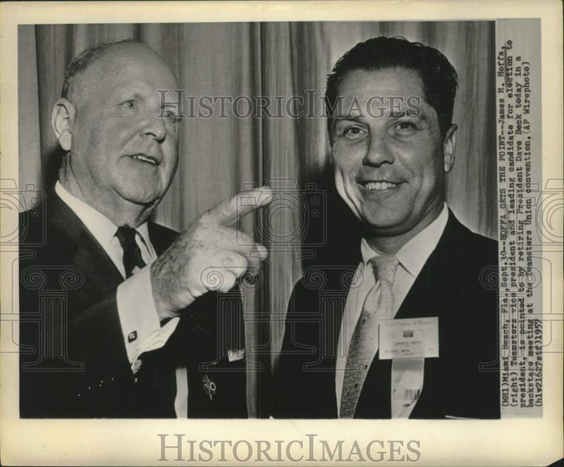 Load image into Gallery viewer, 1957 Press Photo Teamsters James Hoffa and Dave Beck chat in Miami Beach, FL
