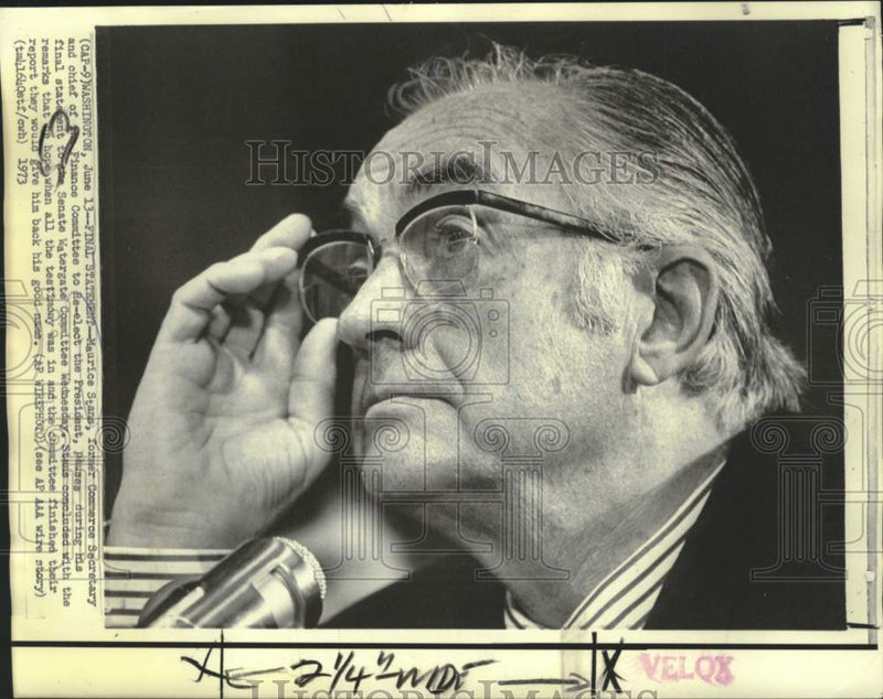 Load image into Gallery viewer, 1973 Press Photo Maurice Stans pauses at Watergate hearing testimony
