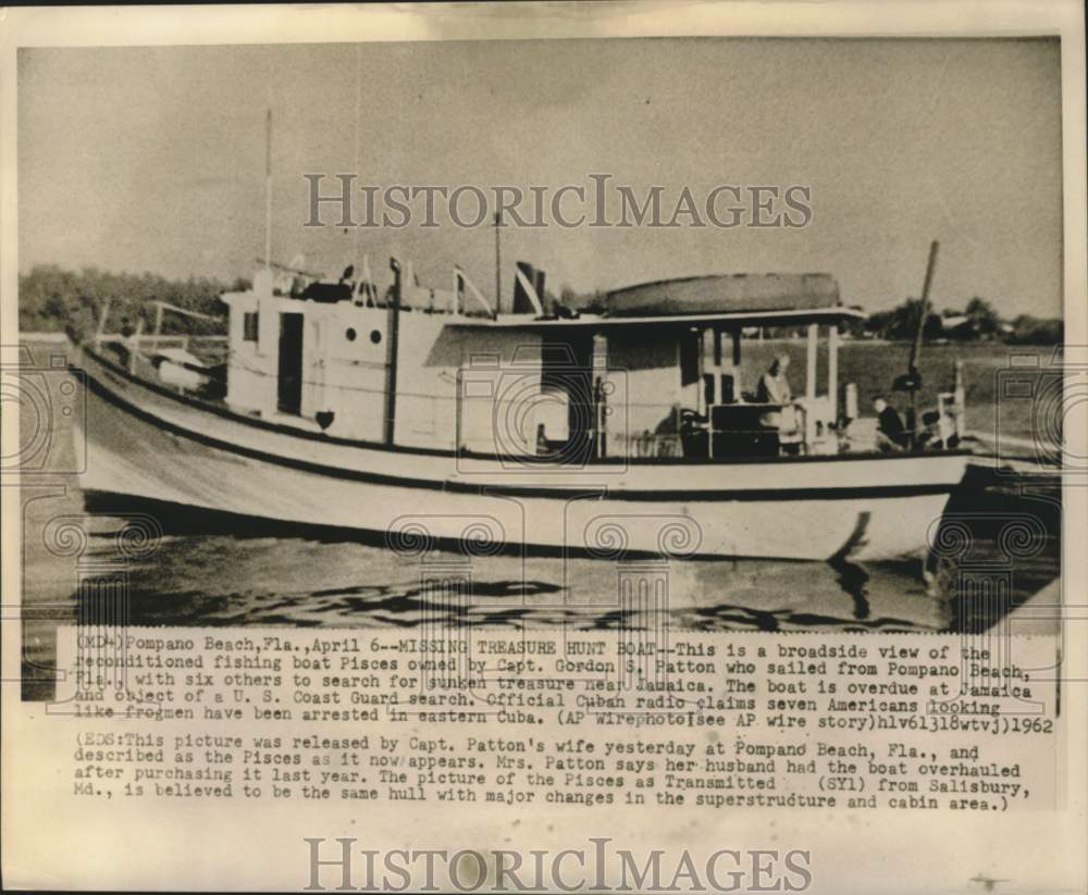 1962 Press Photo Missing treasure hunt boat Pisces of Captain Gordon Patton