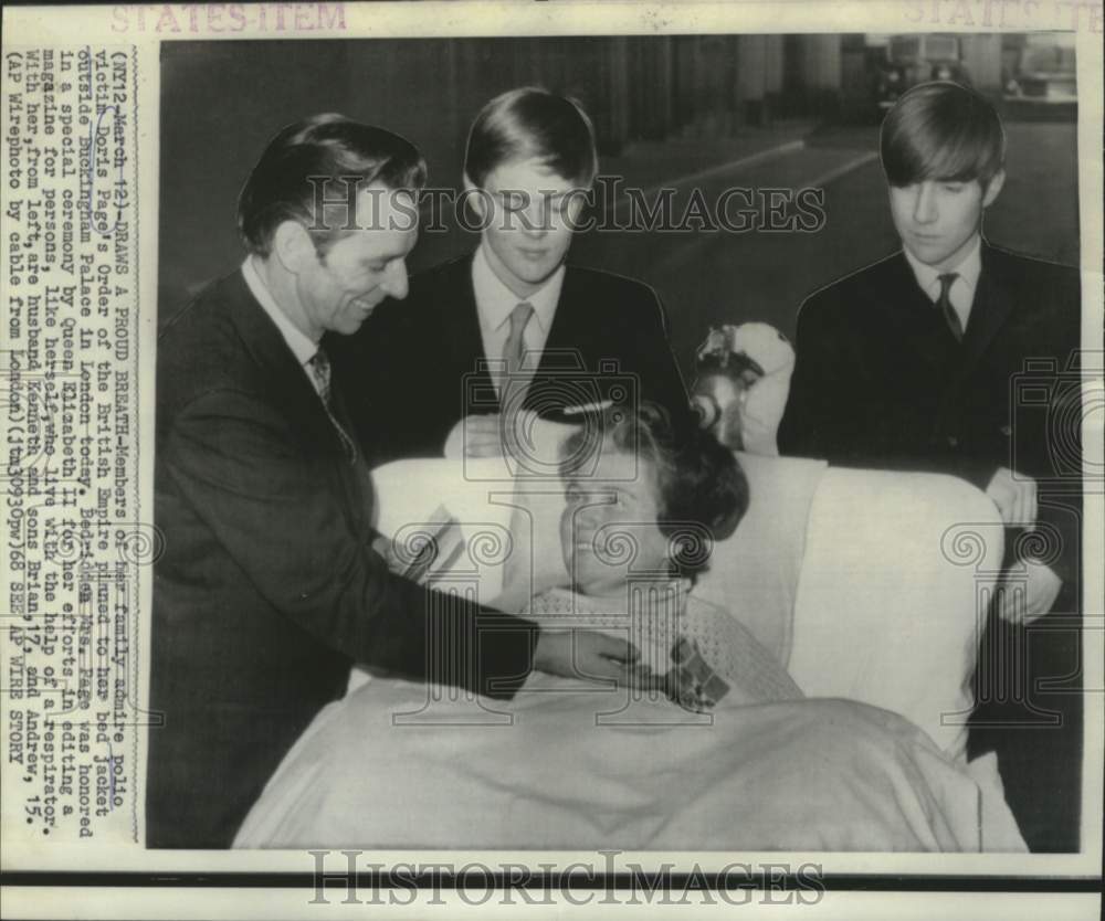 1968 Press Photo Polio victim Doris Page&#39;s family admires British Empire pin