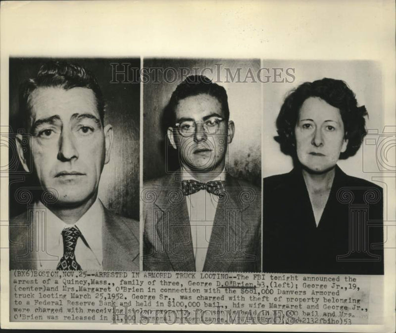 Load image into Gallery viewer, 1953 Press Photo The George O'Brien family arrested in armored car looting in MA
