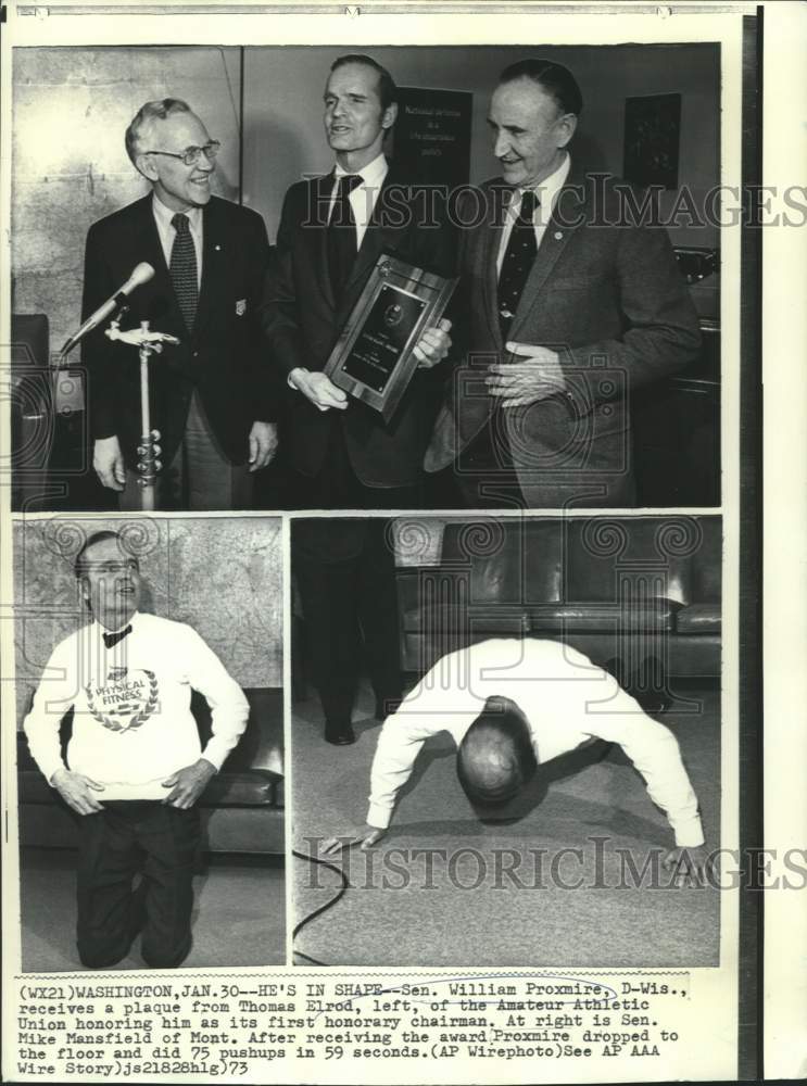 Load image into Gallery viewer, 1973 Press Photo Senator William Proxmire receives athletic plaque and exercises

