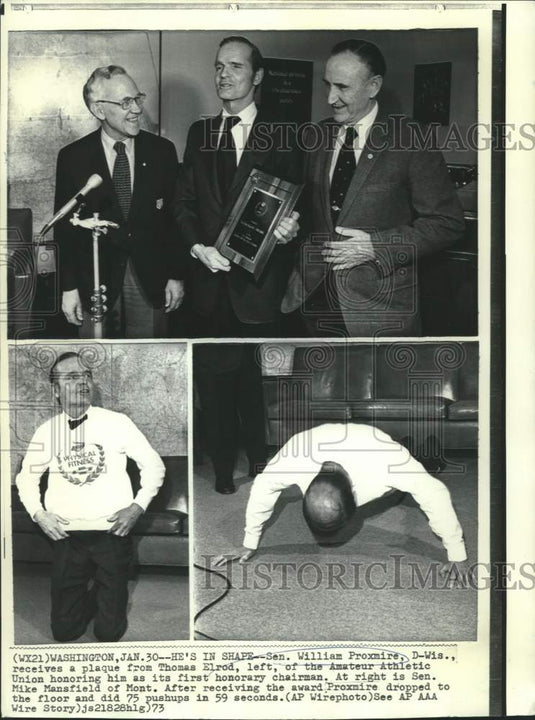 1973 Press Photo Senator William Proxmire receives athletic plaque and exercises