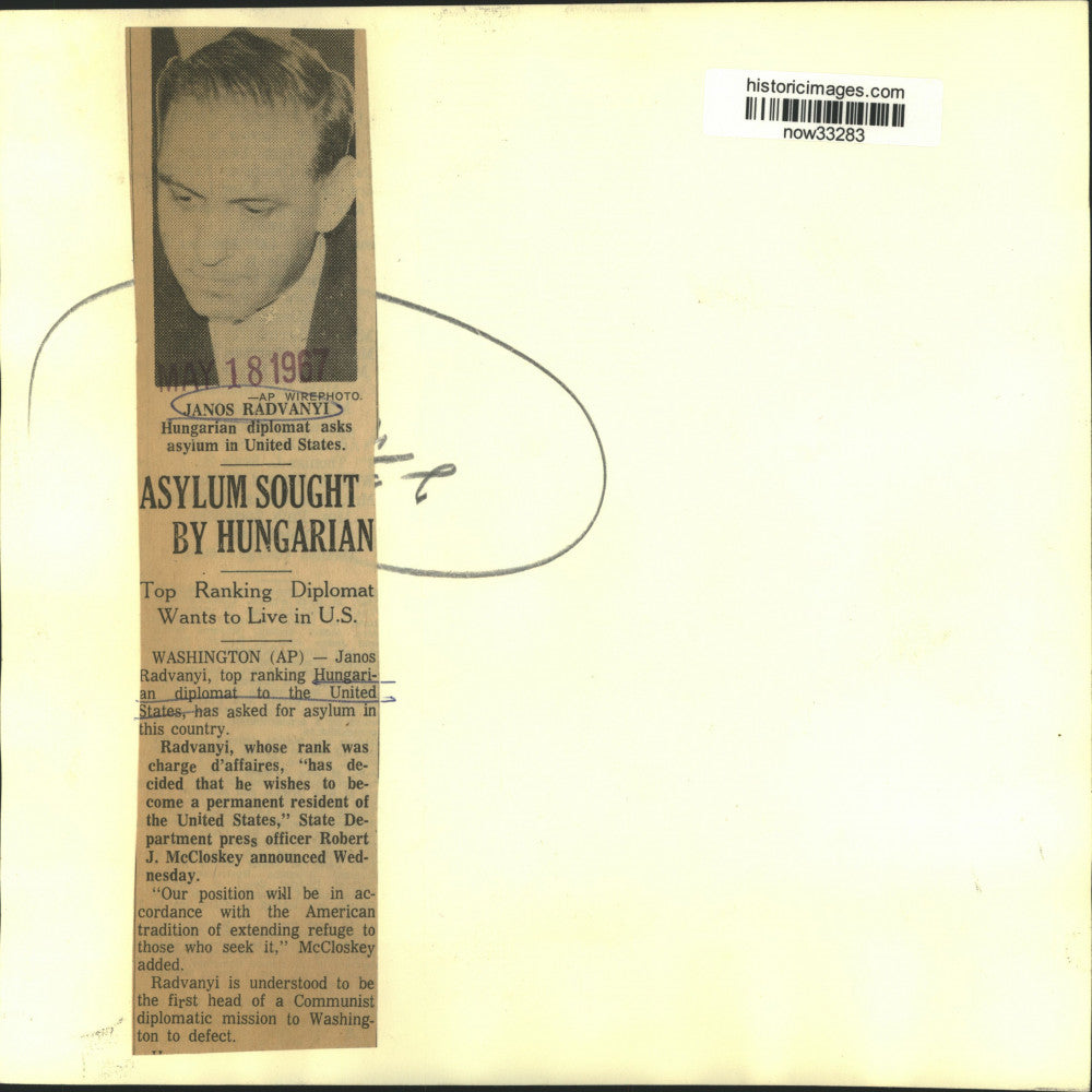 1967 Press Photo Hungarian diplomat Janos Radvanyi asks for asylum in U.S.