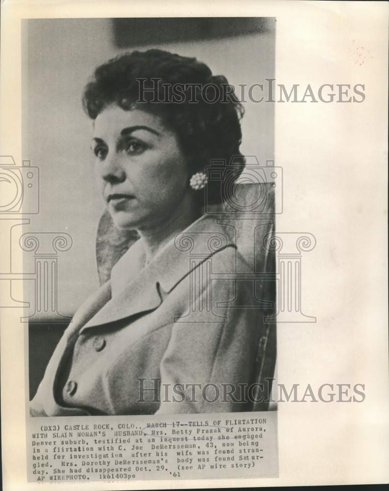 1961 Press Photo Betty Prazak testifies at DeMersseman trial in Colorado