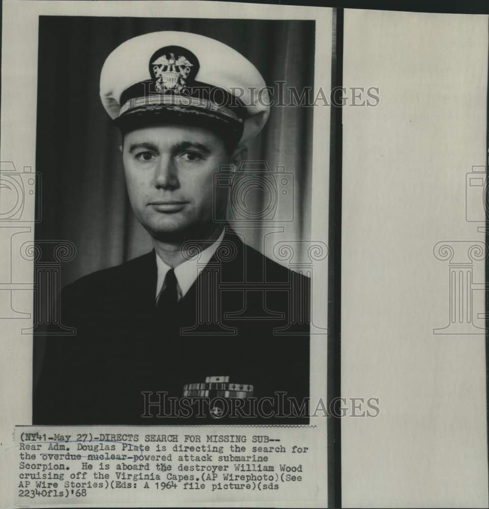 1968 Press Photo Rear Admiral Douglas Plate directs search for Scorpion