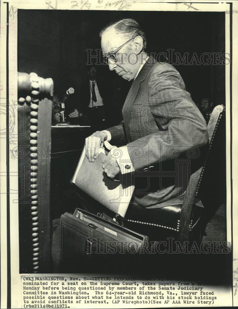 1971 Press Photo Supreme Court nominee Lewis Powell prepares for Senate hearing