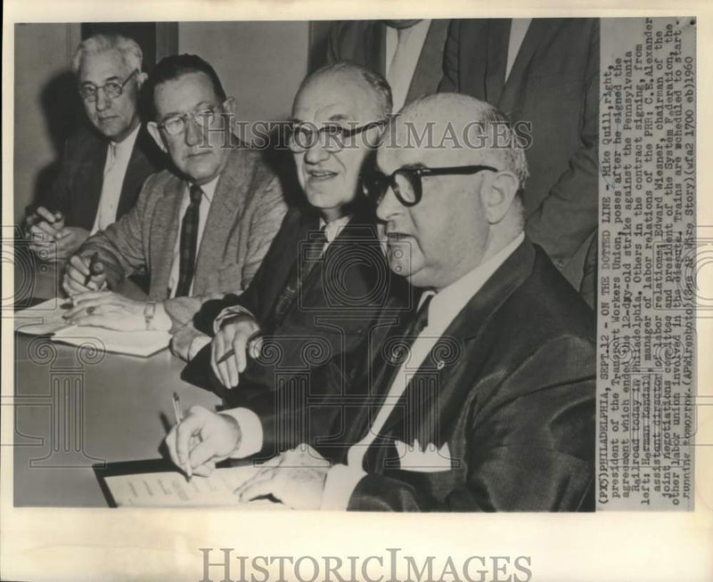 Load image into Gallery viewer, 1960 Press Photo TWU President Mike Quill and other labor contract signers
