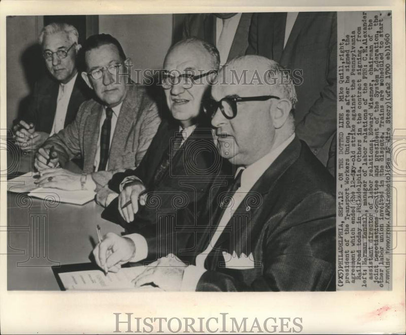 Load image into Gallery viewer, 1960 Press Photo TWU President Mike Quill and other labor contract signers
