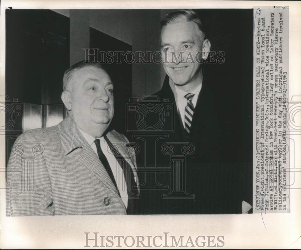 1963 Press Photo ITU&#39;s Bertram Powers and John Pilch arrive at NY&#39;s Hotel Gotham