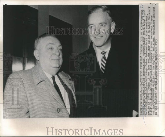 1963 Press Photo ITU's Bertram Powers and John Pilch arrive at NY's Hotel Gotham