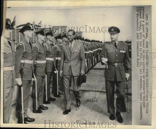 1960 Press Photo Prince Philip reviews guard of honor at Ottawa's Uplands