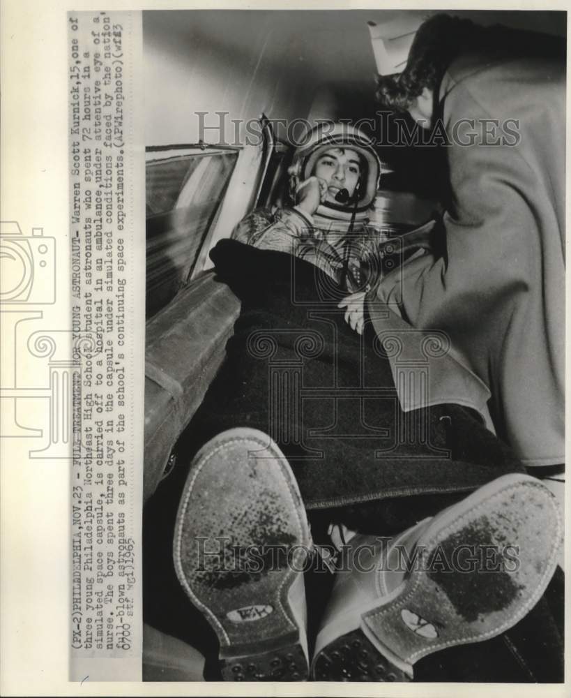 1965 Press Photo Philadelphia student astronaut Warren Kurnick in ambulance
