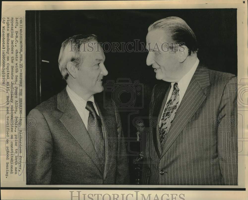 1974 Press Photo Congressmen Richardson Preyer and James Allen chat at Capitol