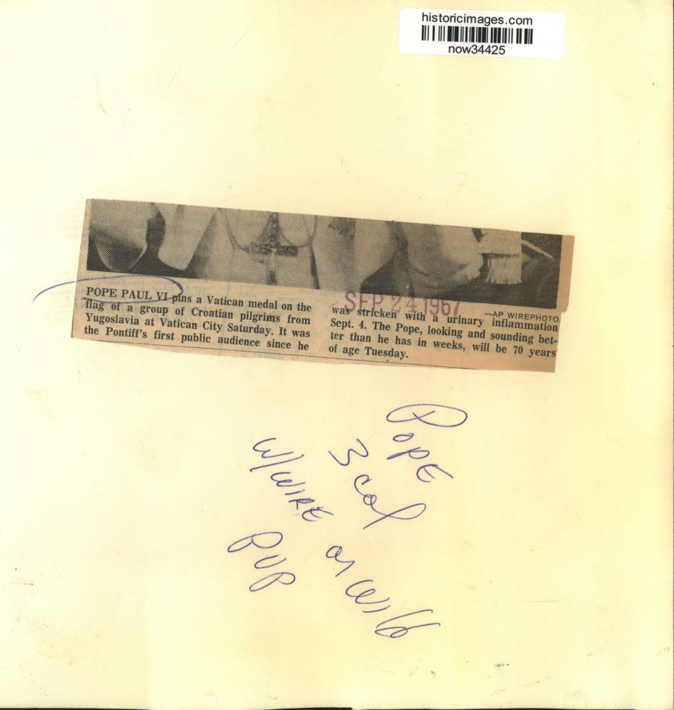 1967 Press Photo Pope Paul VI pins medal on flag of Croatian pilgrims at Vatican