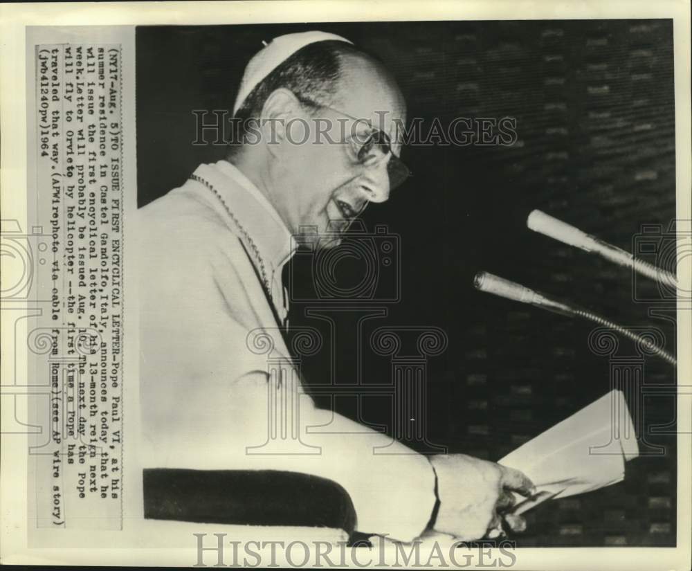 1964 Press Photo Pope Paul VI at his summer residence in Castel Gandolfo, Italy