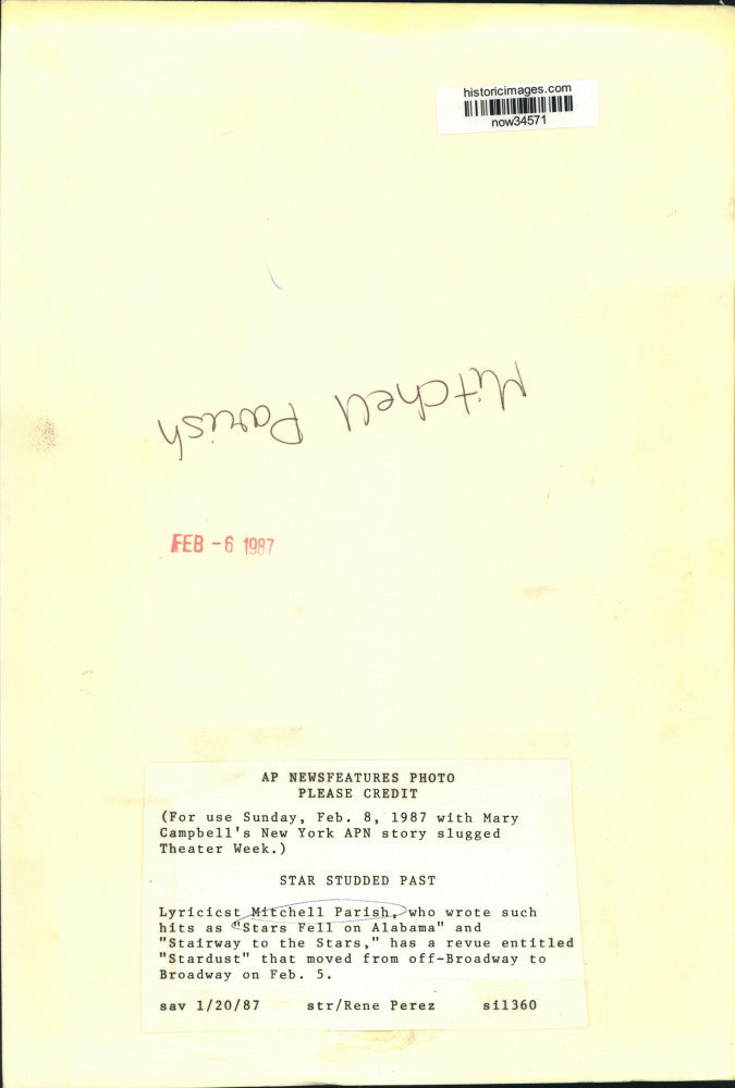 1987 Press Photo Lyricist Mitchell Parish has "Stardust" opening on Broadway