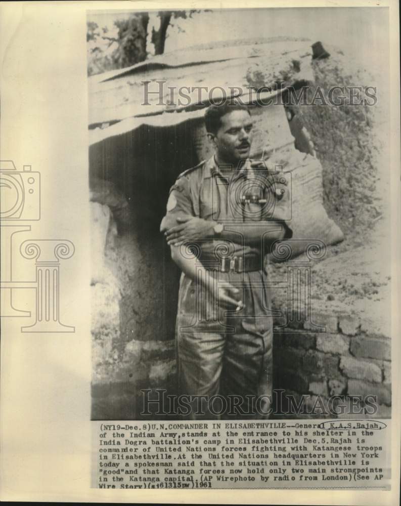 1961 Press Photo Indian Army commander K.A.S. Bajah at Elisabethville shelter
