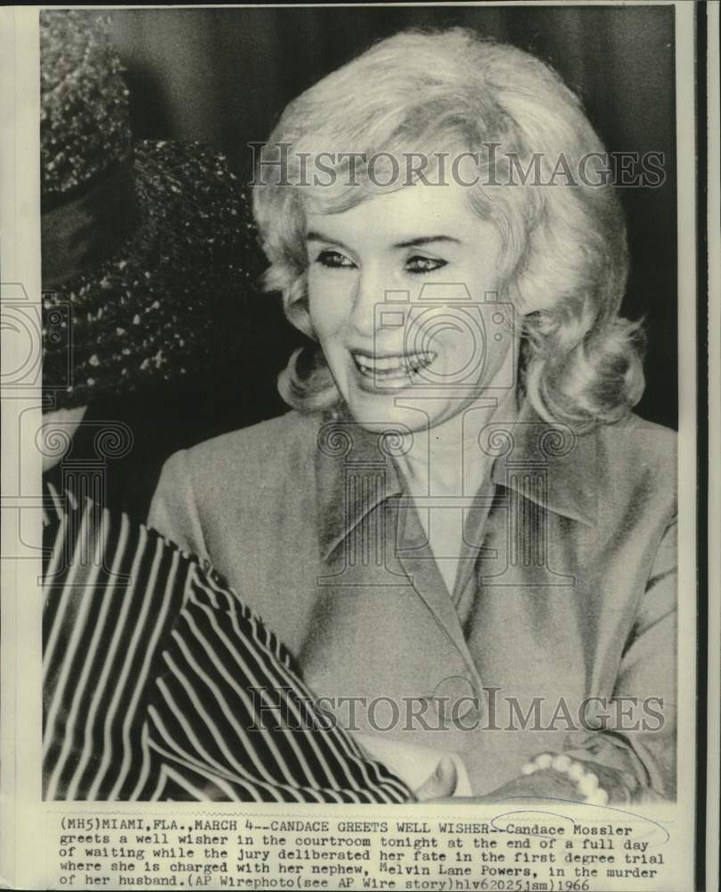 1966 Press Photo Candace Mossler greets well wisher at end of day&#39;s trial, Miami