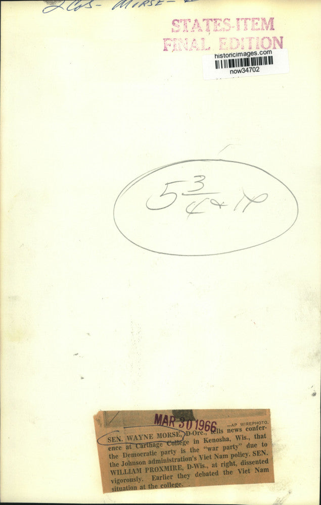 1966 Press Photo Senators Wayne Morse and William Proxmire at Carthage College