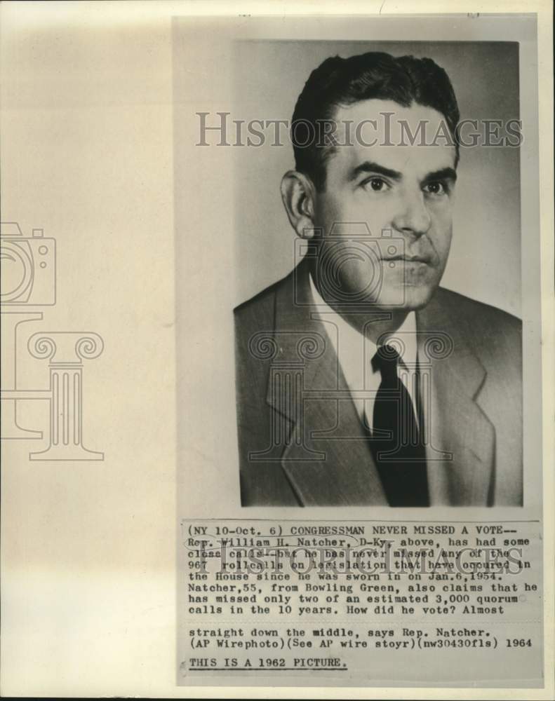1962 Press Photo Representative William Natcher, D-KY, never missed a vote