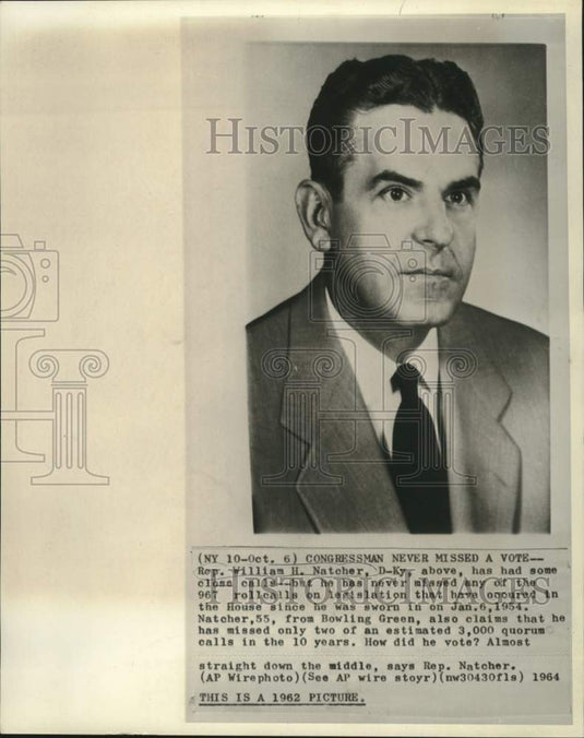 1962 Press Photo Representative William Natcher, D-KY, never missed a vote