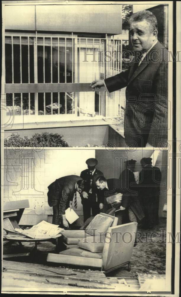 Load image into Gallery viewer, 1969 Press Photo Dr. Uri Naor and police inspect damage to Israeli offices
