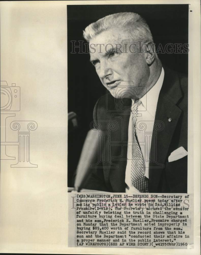 Load image into Gallery viewer, 1960 Press Photo Commerce Secretary Frederick Mueller defends his son in D.C.
