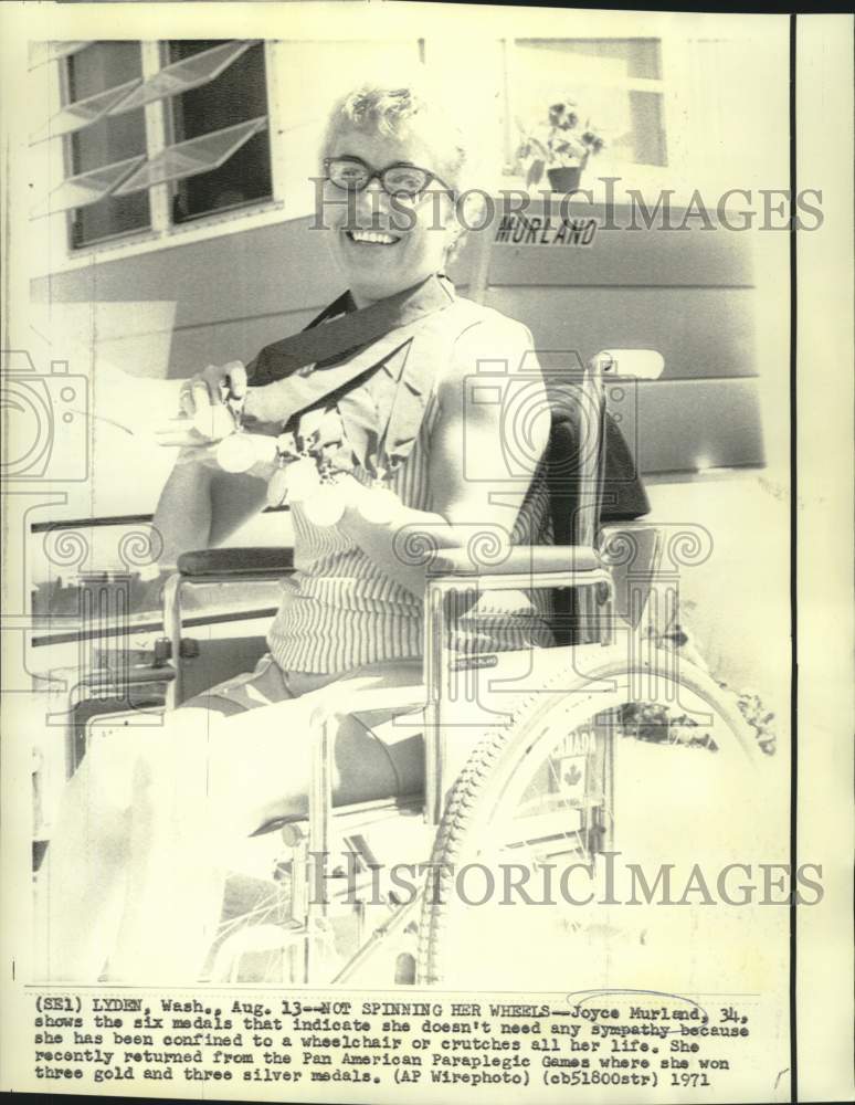 Load image into Gallery viewer, 1971 Press Photo Pan American Paraplegic Games medalist Joyce Murland
