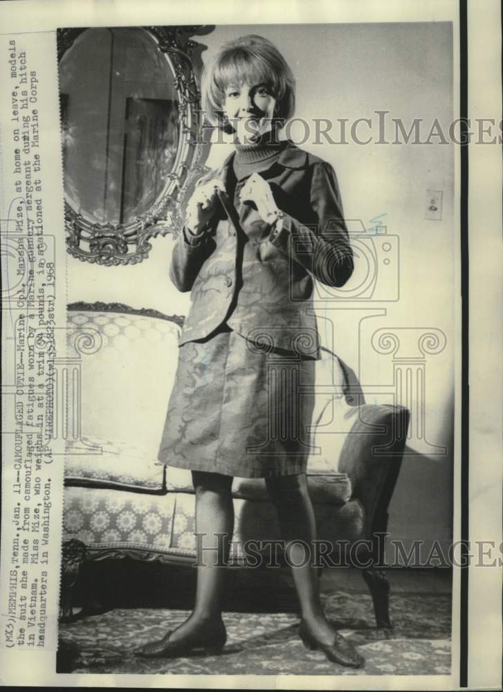 Load image into Gallery viewer, 1968 Press Photo Marine Cpl. Marsha Mize models suit from camouflage fatigues
