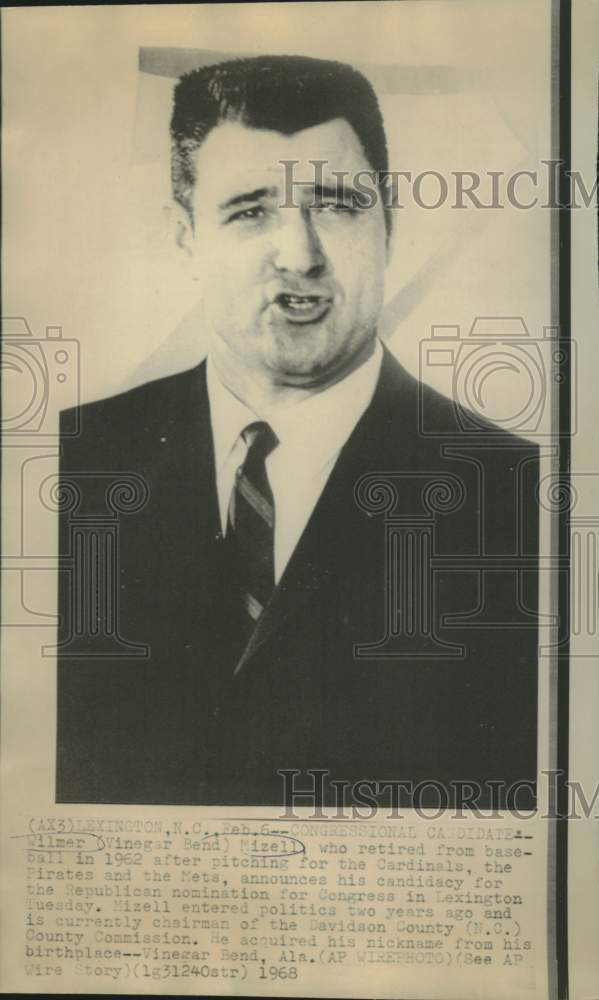 1968 Press Photo Wilmer Mizell announces congressional candidacy in NC