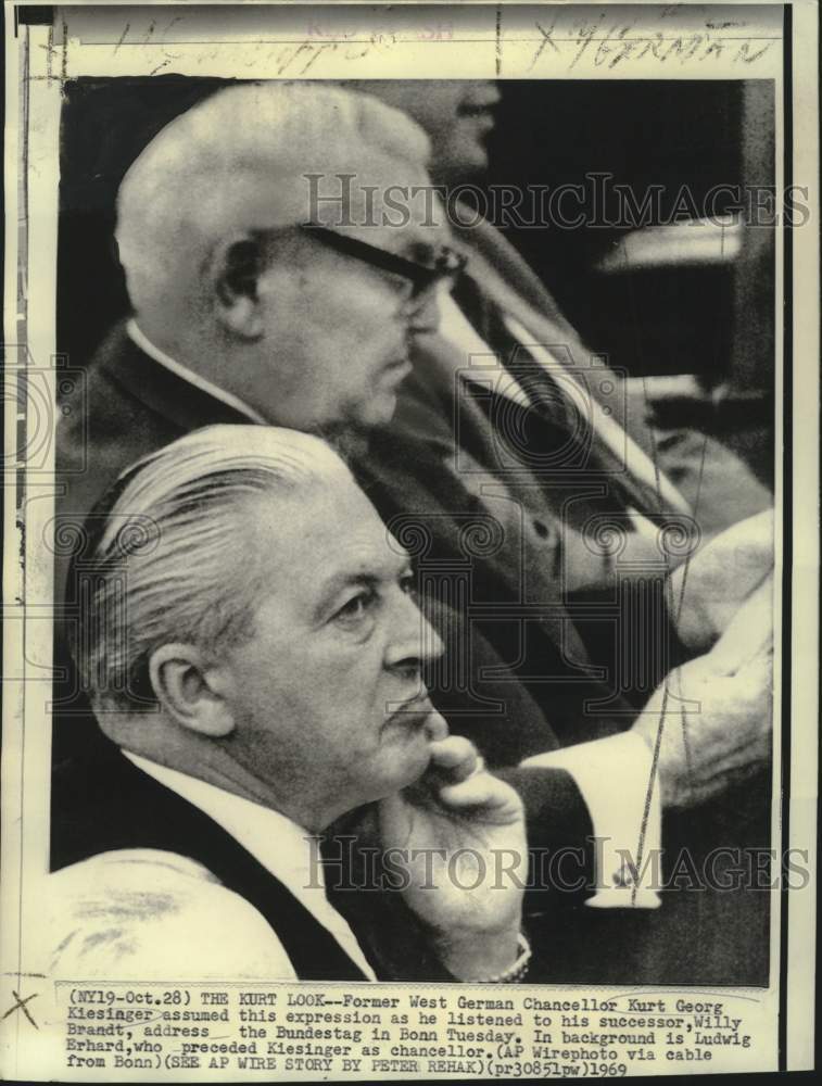 Load image into Gallery viewer, 1969 Press Photo Former Chancellor Kurt Kiesinger listens to successor in Bonn
