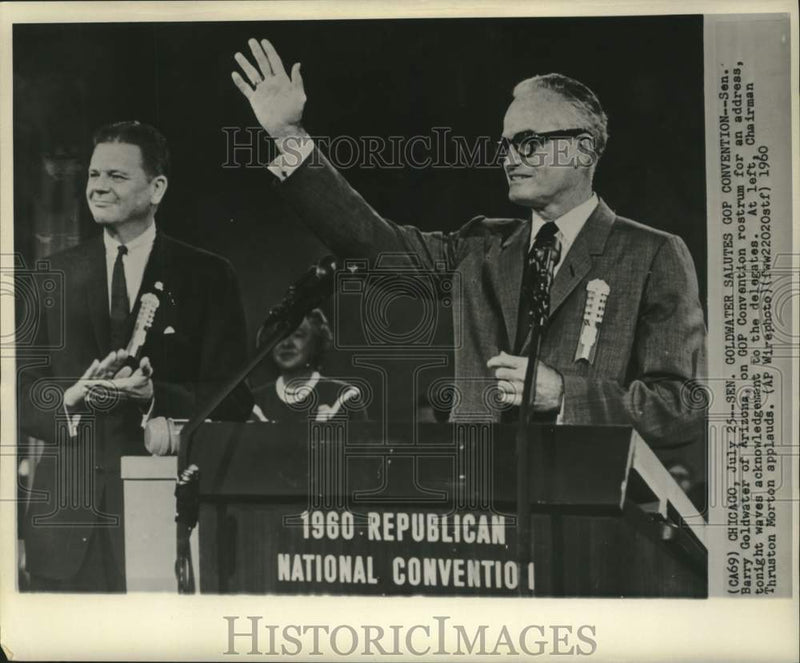 Load image into Gallery viewer, 1960 Press Photo Barry Goldwater salutes and Morton applauds GOP Convention
