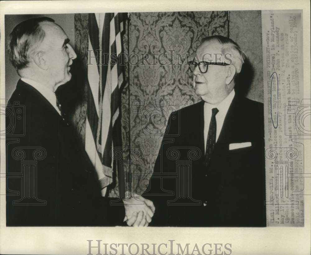 1960 Press Photo Governor Millard Tawes welcomes Senator Wayne Morse to Maryland
