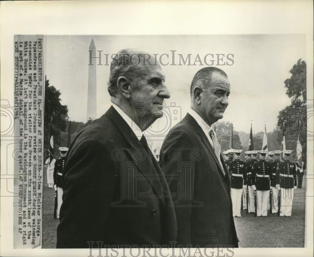 1964 Press Photo Greece's George Papandreou and Johnson review honor guard