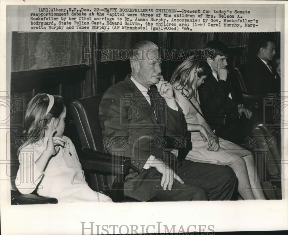 1964 Press Photo "Happy" Rockefeller's children and body guard at Senate debate