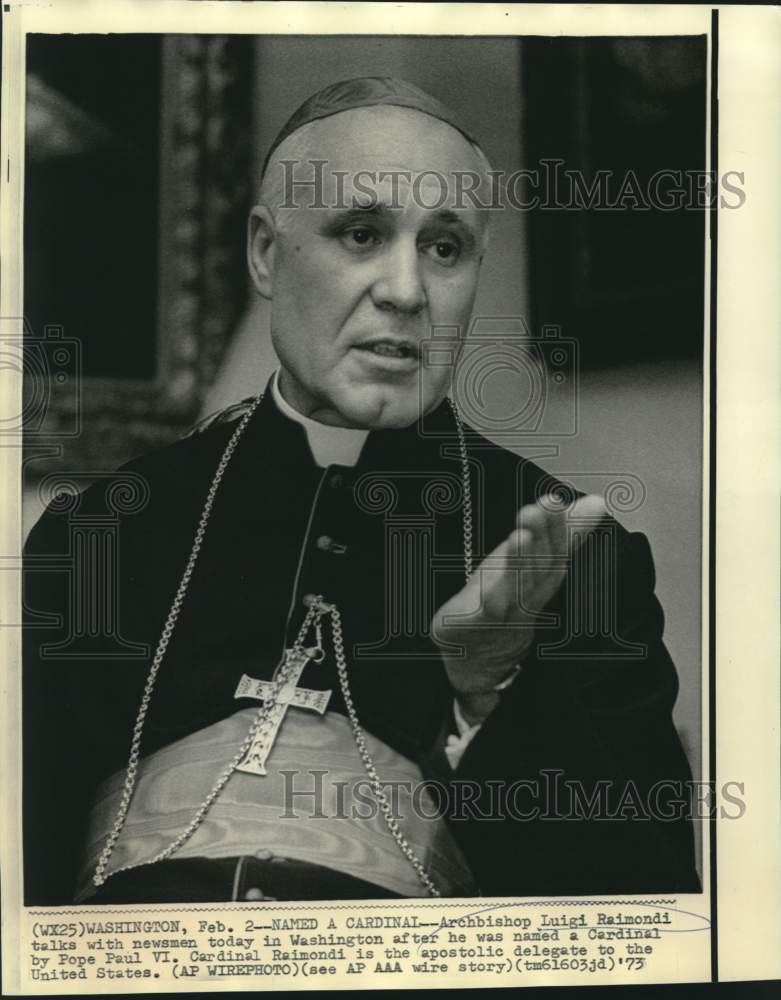 1973 Press Photo New Cardinal Luigi Raimondi talks with newsmen in Washington