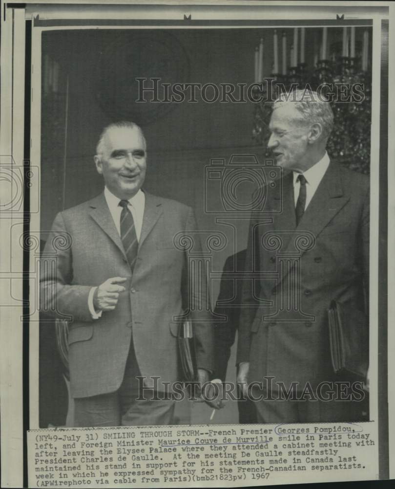 1967 Press Photo Georges Pompidou, Maurice de Murville leave Paris Elysee Palace