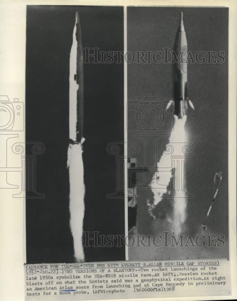 Load image into Gallery viewer, Press Photo Soviet (L) and USA rockets launching in 1950s - now36280
