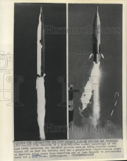Press Photo Soviet (L) and USA rockets launching in 1950s - now36280