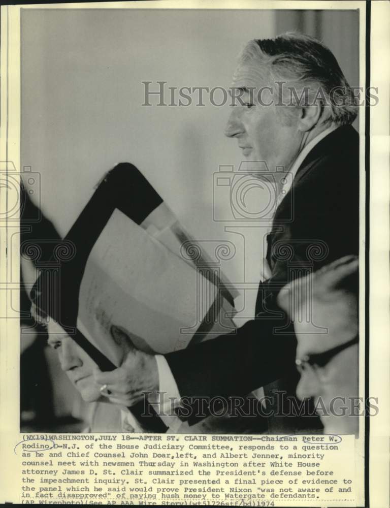 Load image into Gallery viewer, 1974 Press Photo Peter Rodino, John Doar and Albert Jenner with newsmen in D.C.
