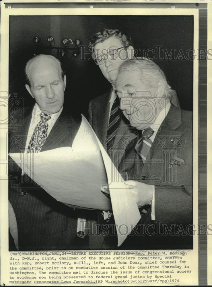 Load image into Gallery viewer, 1974 Press Photo Rep. Peter Rodino meets with Robert McClory &amp; John Doar in D.C.

