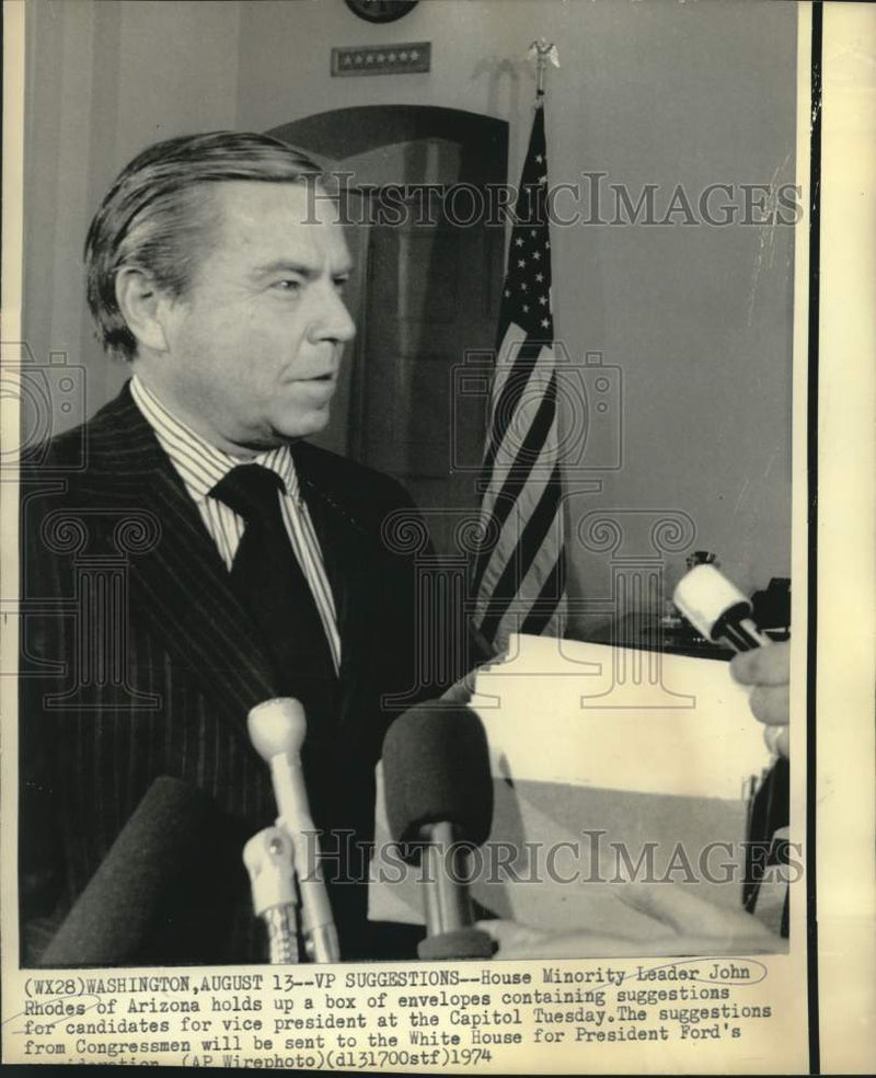 Load image into Gallery viewer, 1974 Press Photo House Minority Leader John Rhodes with vice president names
