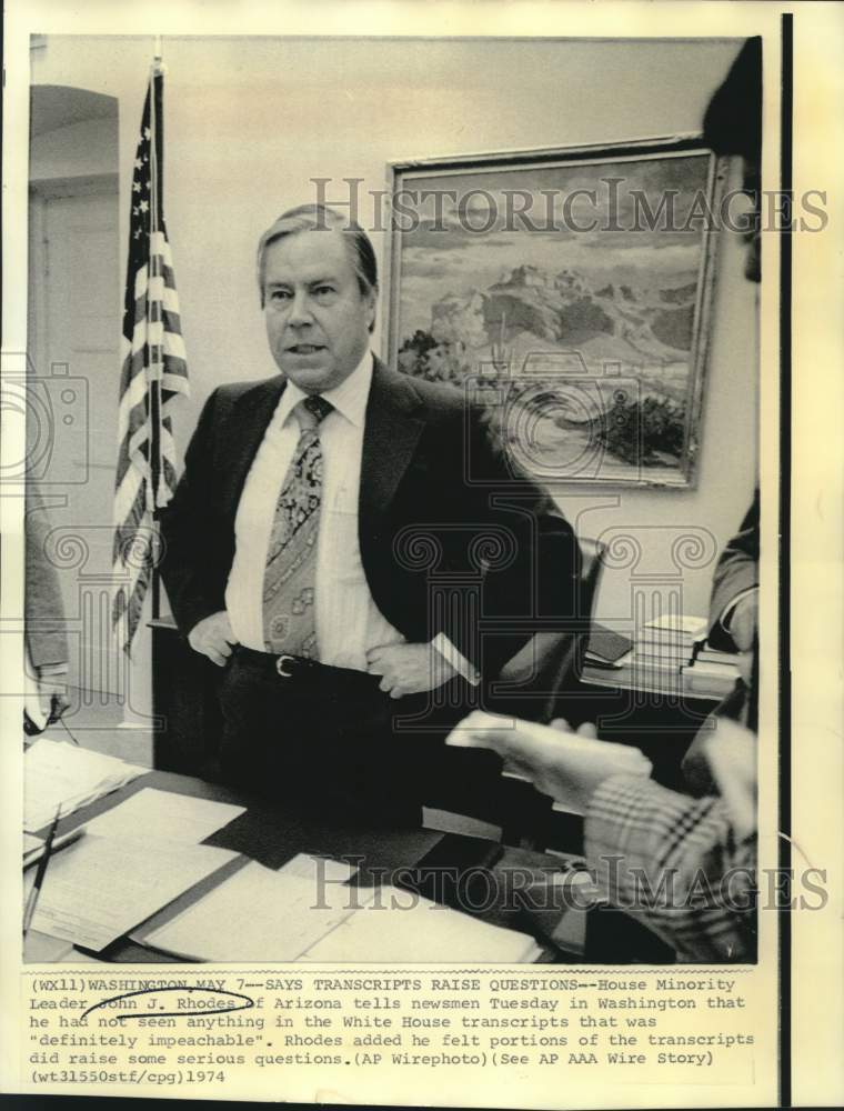 1974 Press Photo House Minority Leader John Rhodes speaks to newsmen, Washington