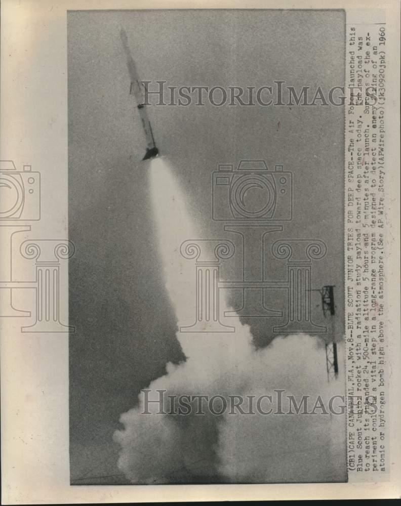 Load image into Gallery viewer, 1960 Press Photo The Air Forces launches a Blue Scout Junior rocket, Florida

