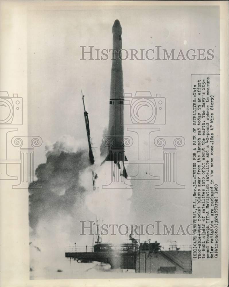 1960 Press Photo Thor-Able-Star Rocket Attempts Launch of 2 Satellites, Florida